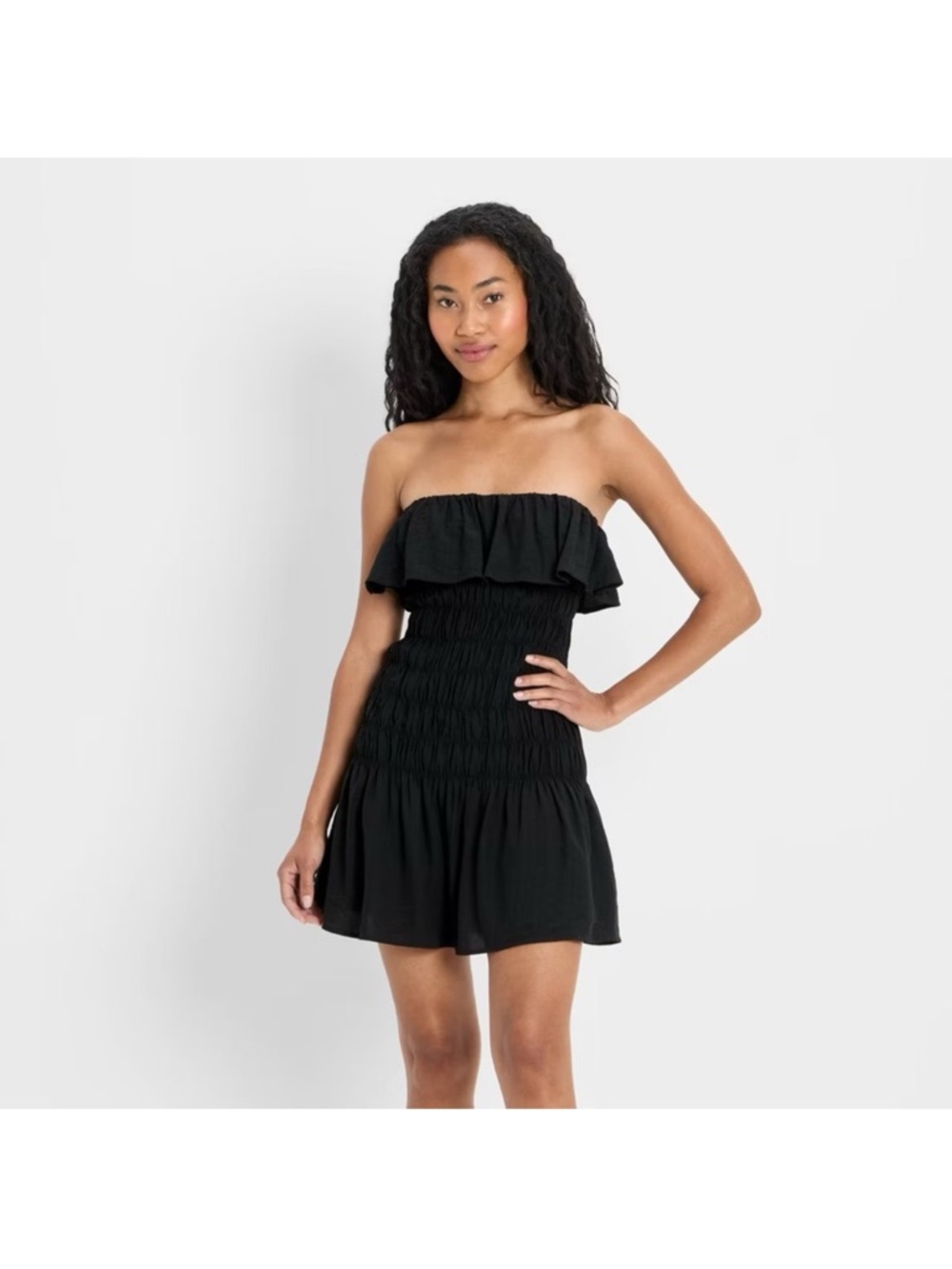 Strapless Black Smocked Ruffle Mini Dress